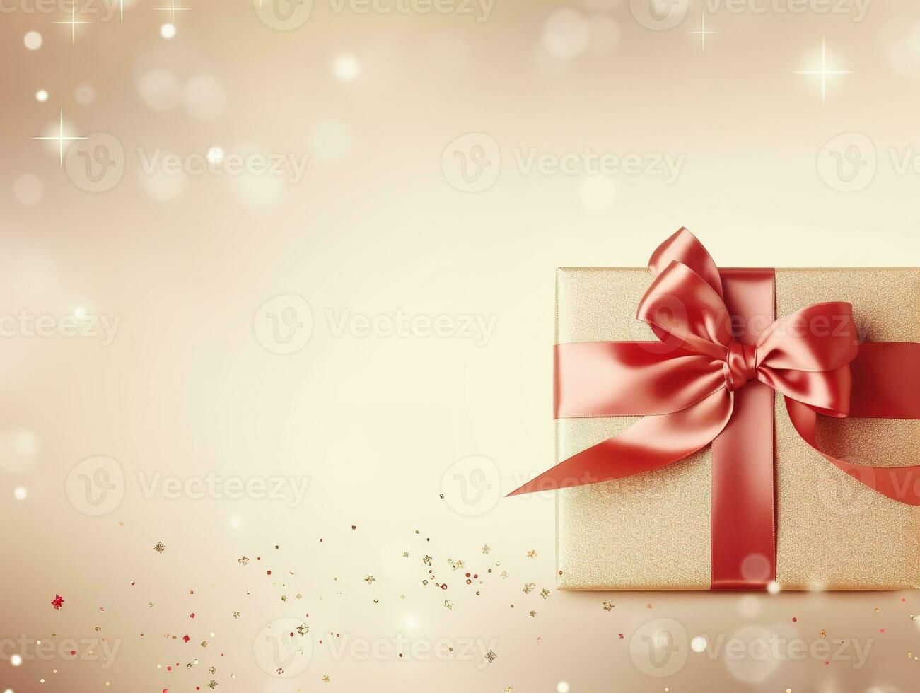 Holiday beige background with gift, red satin bow, ribbon with Copy space. Generative AI photo