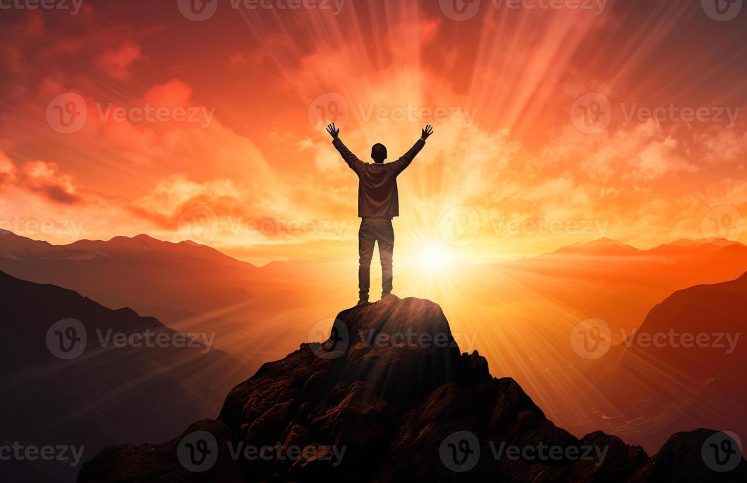 The silhouette of a tourist standing with his arms outstretched the golden glow of the morning sun on the mountaintop. Standing up to achieve success. photo