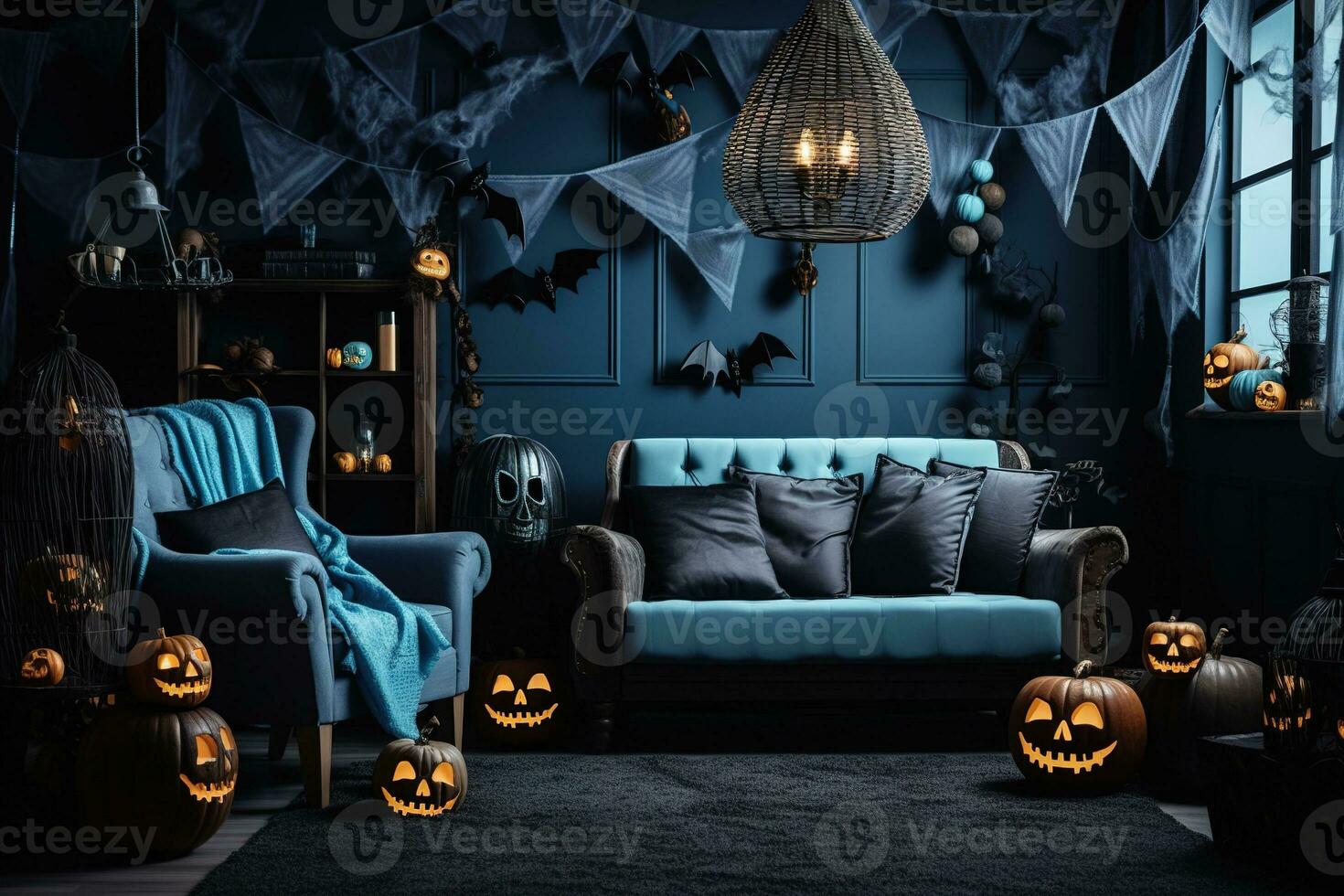 Premium AI Image  A blue couch in a dark room with a gothic style wall  behind it.