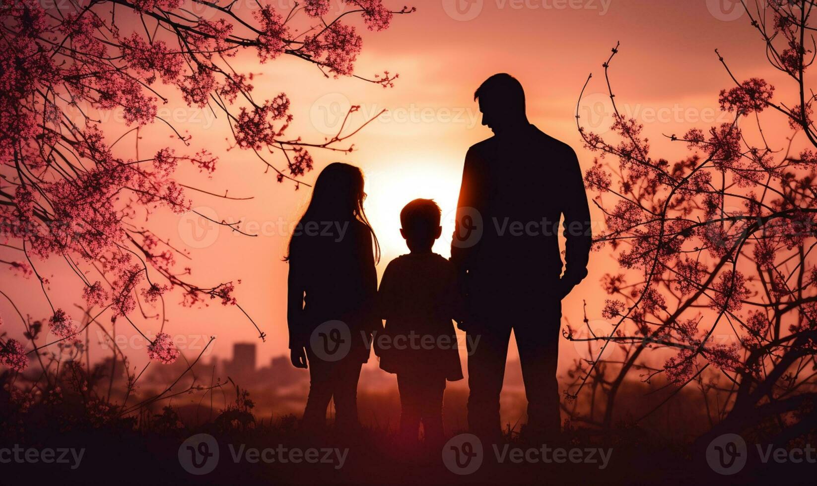 Happy family, father, mother, son and daughter in nature, sunset. Family silhouette at sunset standing on top of hill. Generative AI photo