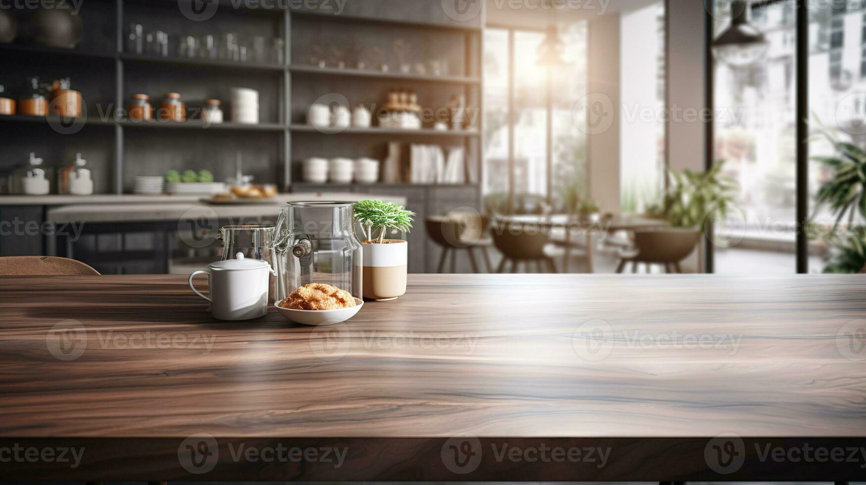 Kitchen counter top for product display with modern minimalist kitchen room interior in the background. Generative AI photo