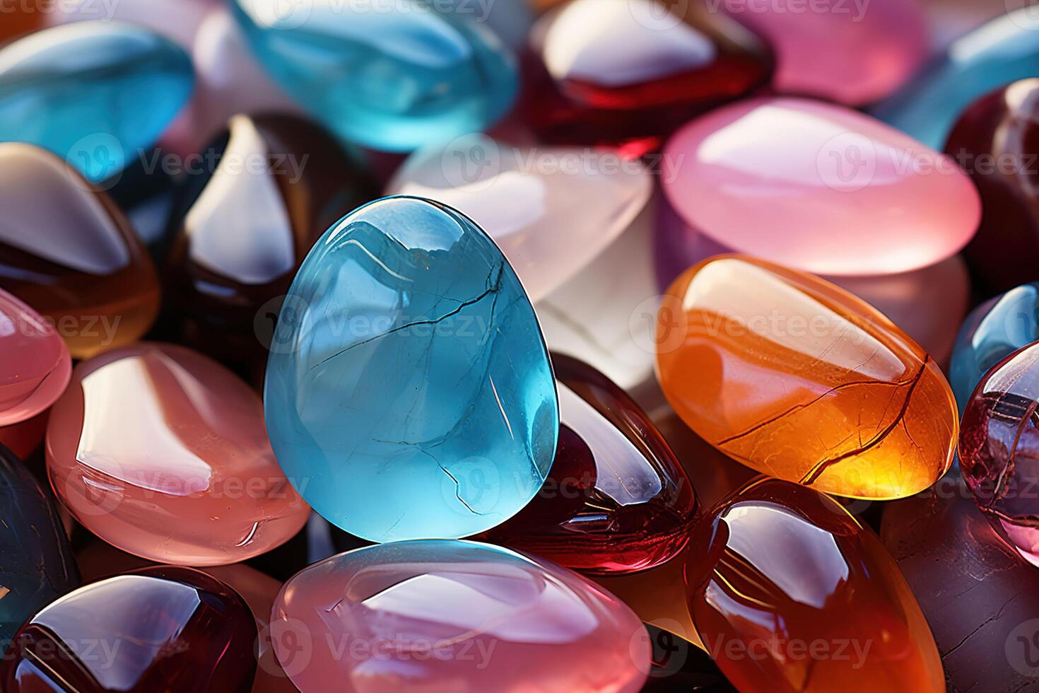 Pastel coloured translucent glass water stones overlapping. Beach summer background. photo