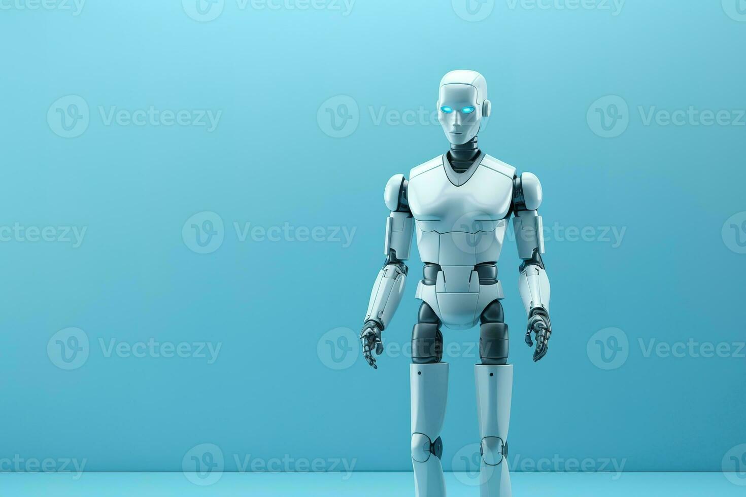 AI robot holds a briefcase in front of  blue wall waiting for a job interview. Generative AI photo