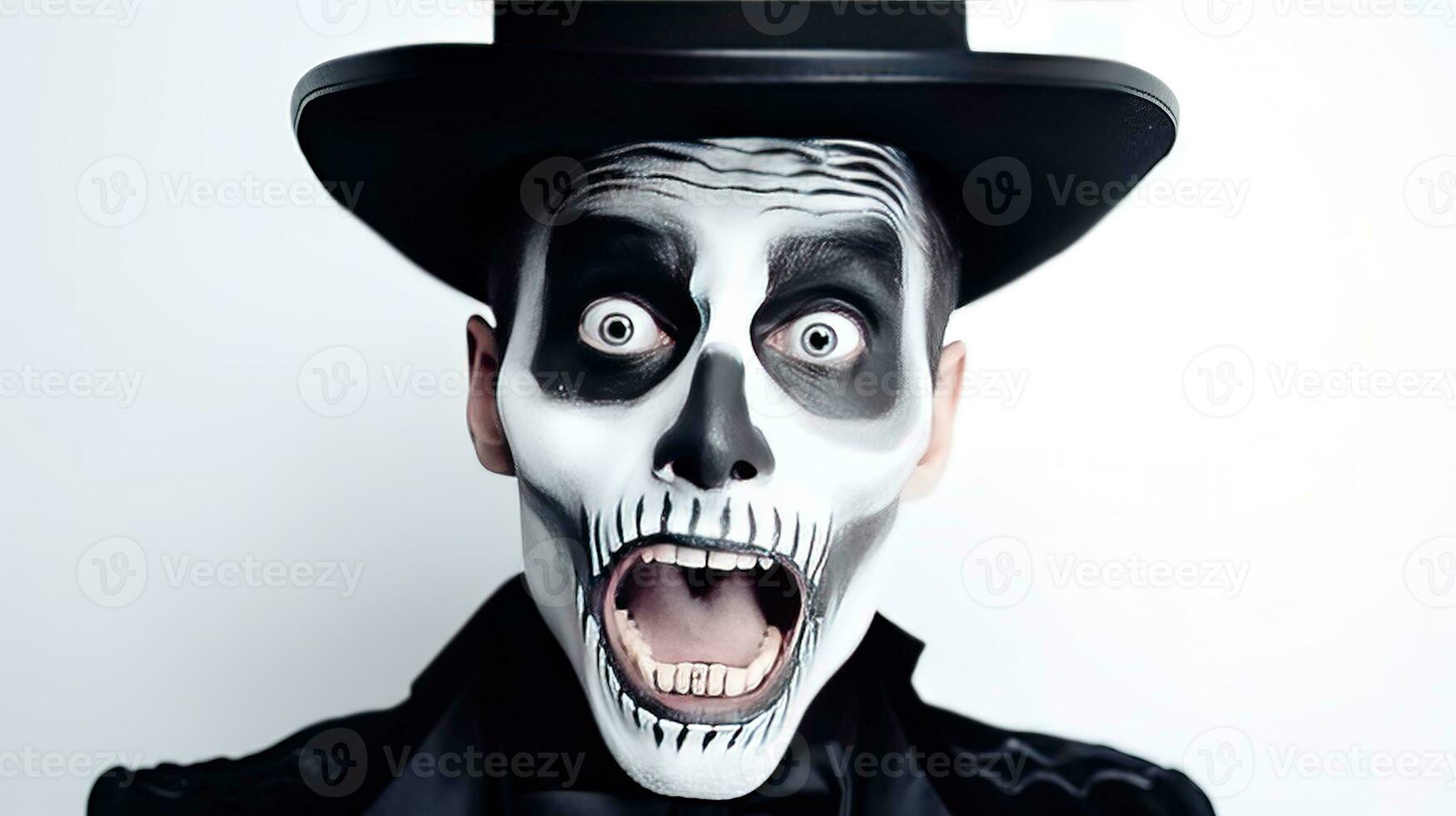 A shocked man in Halloween make-up and costume grabs his face in fright. Man in black hat, suit and skull make-up opens his eyes and mouth wide in fear on white background. Generative AI photo