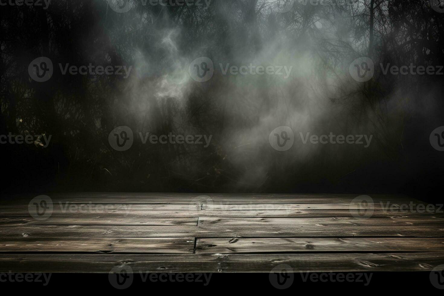 Defocused background of fog in darkness, smoke, and mist on a wooden floor. Abstract and moody Halloween backdrop. Generative AI photo