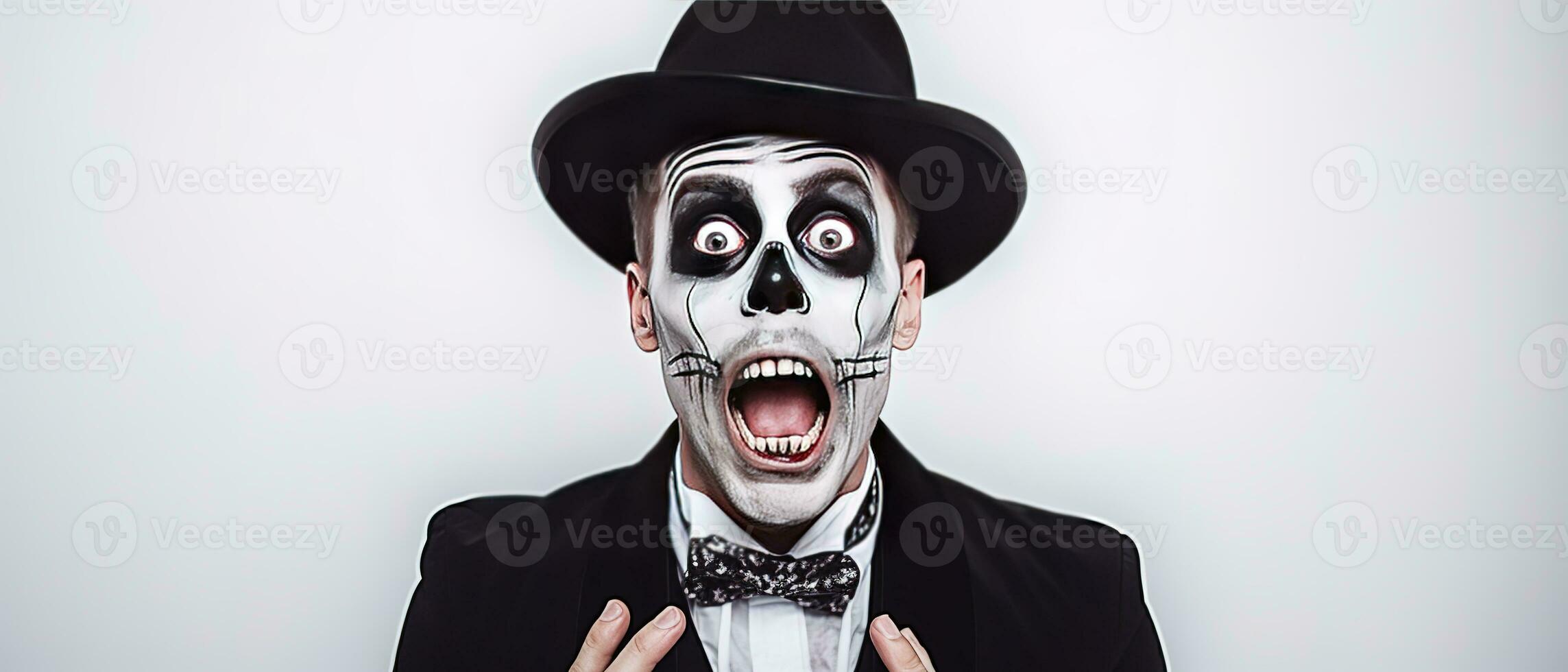 A shocked man in Halloween make-up and costume grabs his face in fright. Man in black hat, suit and skull make-up opens his eyes and mouth wide in fear on white background. Generative AI photo