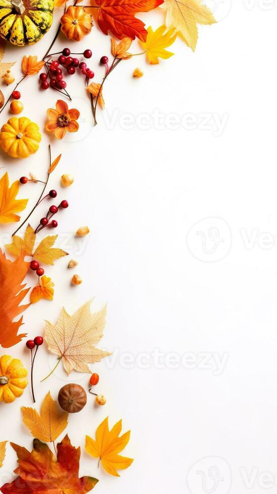 Autumn composition. Rowan berries, dried leaves, pumpkins, and flowers on white background. Autumn, fall, halloween, thanksgiving day concept. View from the top, with text space. Generative AI photo