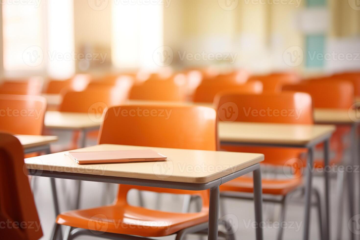 School classroom in blur background without young student. Blurry view of elementary class room no kid or teacher with chairs and tables in campus. Back to school concept. photo