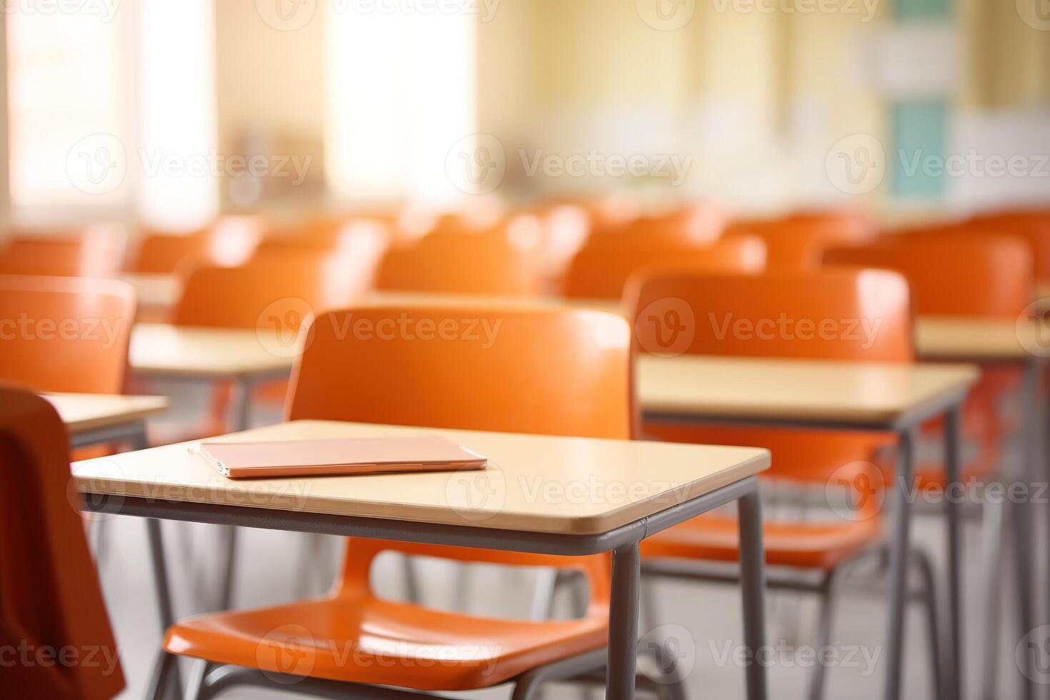 School classroom in blur background without young student. Blurry view of elementary class room no kid or teacher with chairs and tables in campus. Back to school concept. Generative AI photo