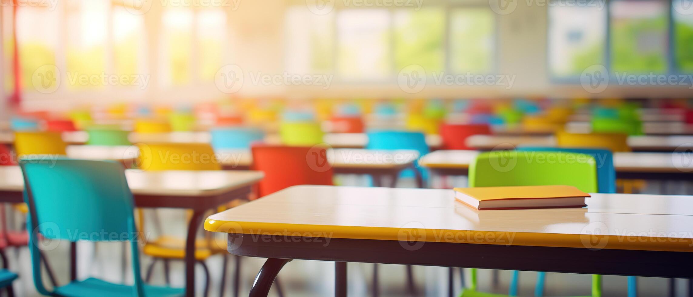 School classroom in blur background without young student. Blurry view of elementary class room no kid or teacher with chairs and tables in campus. Back to school concept. photo