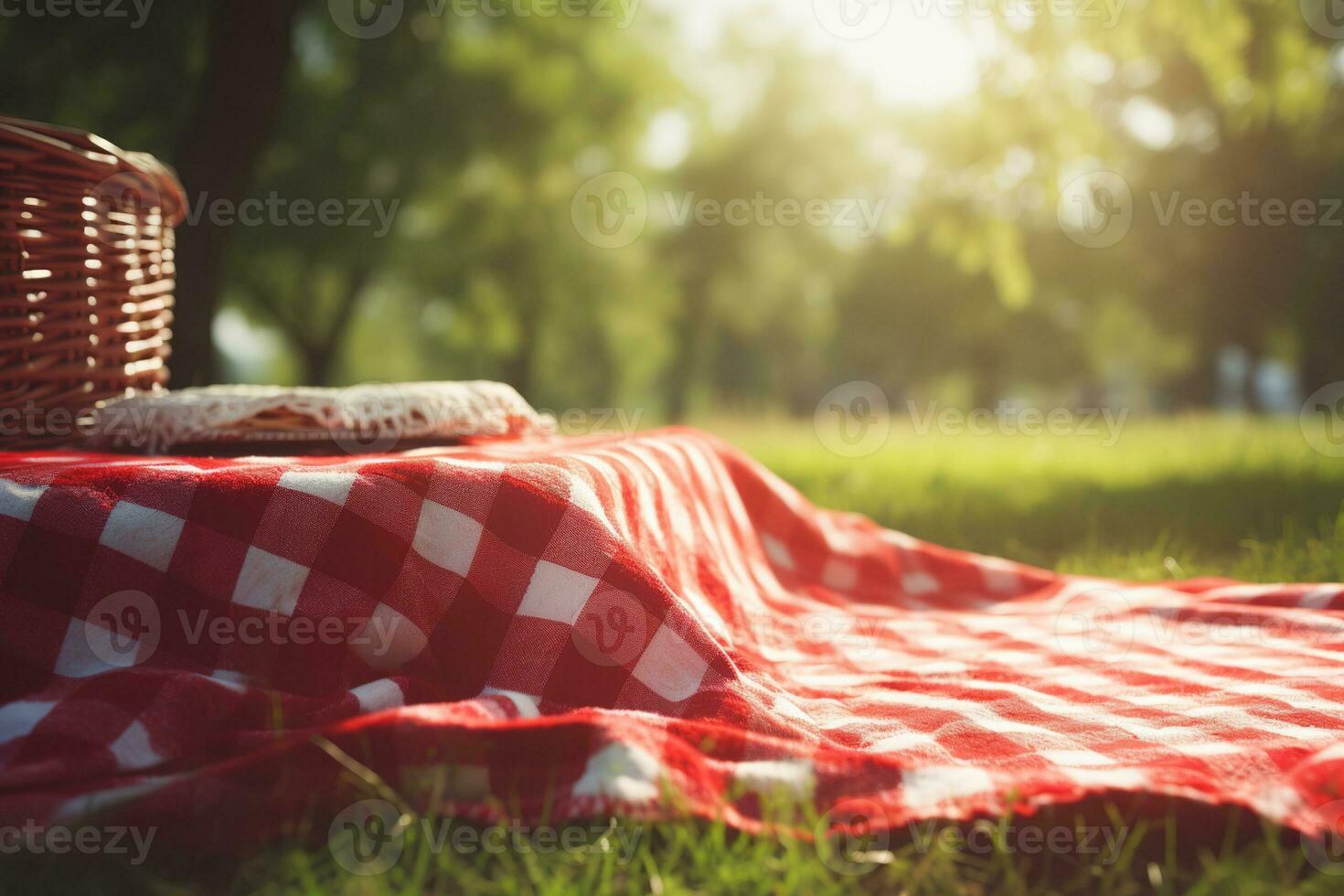 rojo y blanco tartán picnic cobija en parte superior de un verde campo en soleado día en césped de césped en verano parque. borroso antecedentes. generativo ai foto