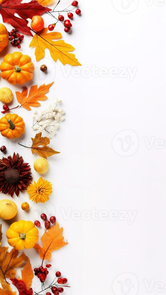 Autumn composition. Rowan berries, dried leaves, pumpkins, and flowers on white background. Autumn, fall, halloween, thanksgiving day concept. View from the top, with text space. Generative AI photo