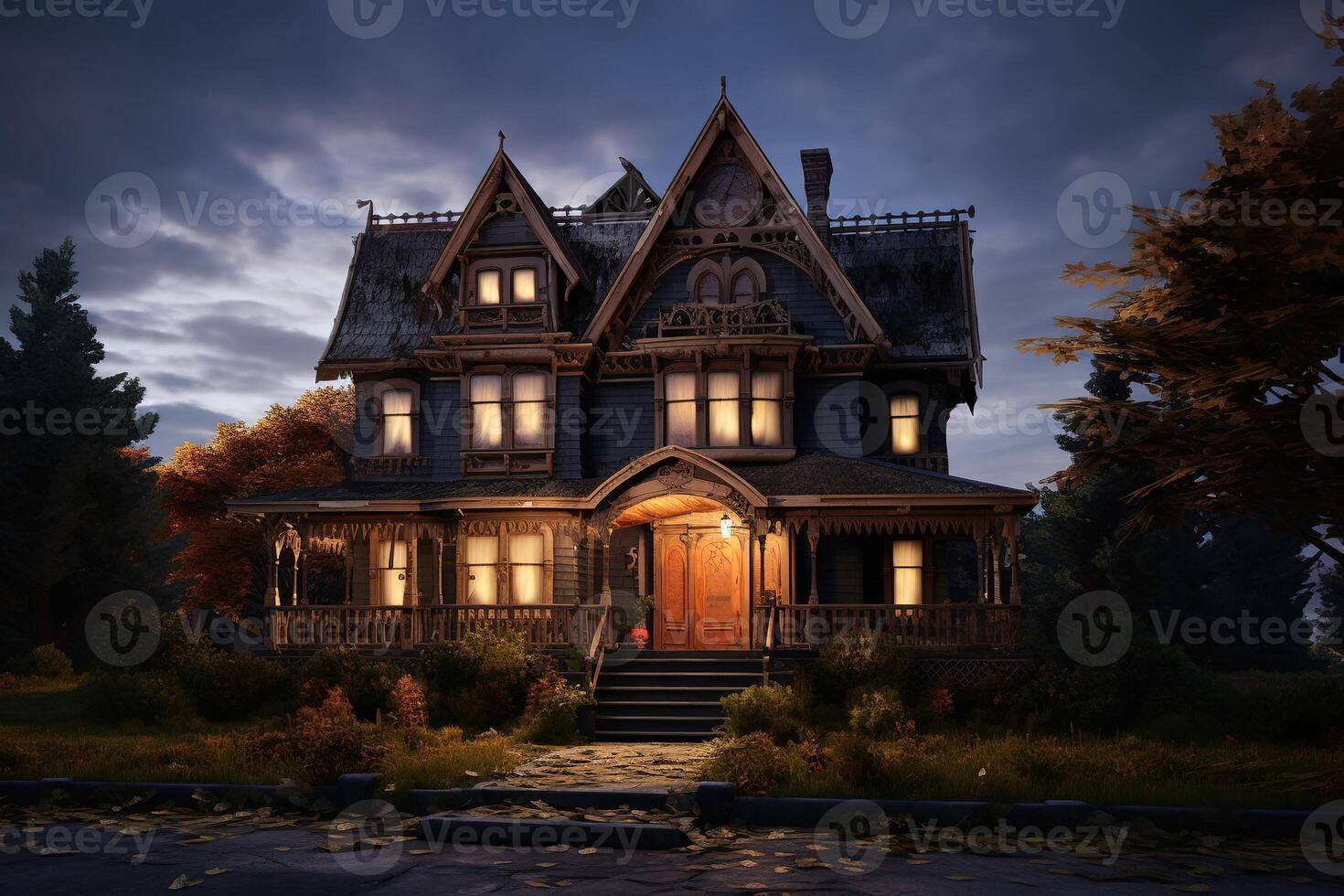 Spooky Victorian house designed for Halloween in the United States. Halloween Background. Generative AI photo