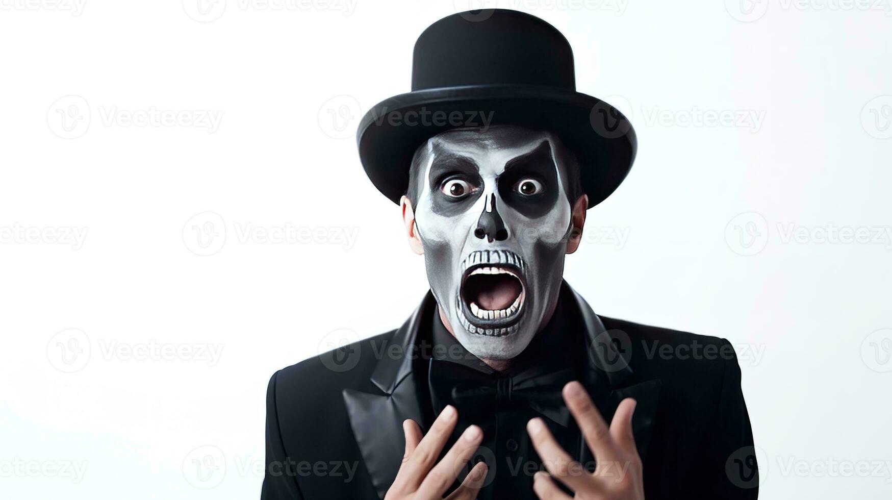 A shocked man in Halloween make-up and costume grabs his face in fright. Man in black hat, suit and skull make-up opens his eyes and mouth wide in fear on white background. Generative AI photo