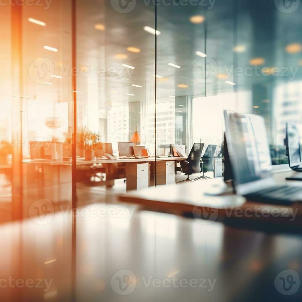 Blurred empty open space office. Design background with abstract light bokeh at office interior. Generative AI photo