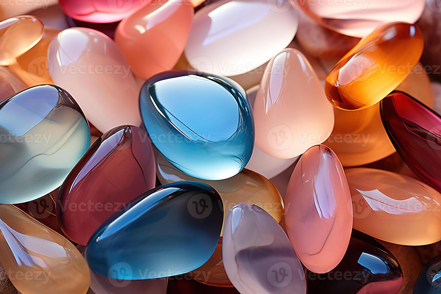 Pastel coloured translucent glass water stones overlapping. Beach summer background. photo