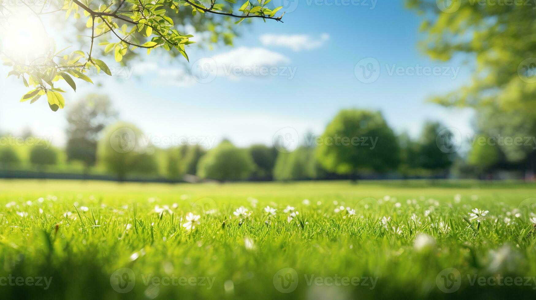 Blurred background of spring nature with a nicely trimmed lawn against a blue sky and clouds on a bright sunny day. Generative AI photo