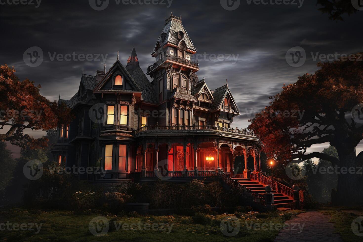 Spooky Victorian house designed for Halloween in the United States. Halloween Background. Generative AI photo