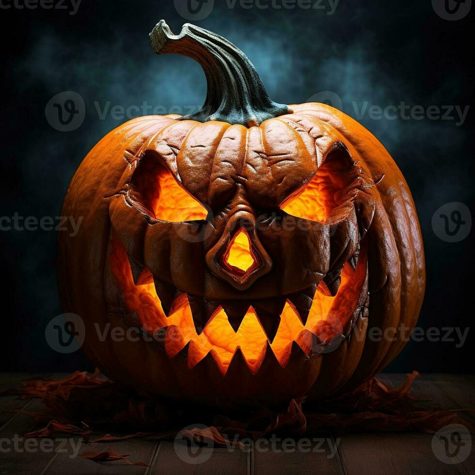 Halloween pumpkin head jack-o-lantern on dark background. Generative AI photo