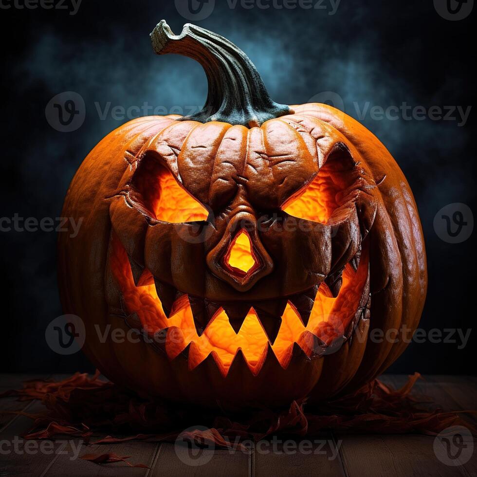 Halloween pumpkin head jack-o-lantern on dark background. photo