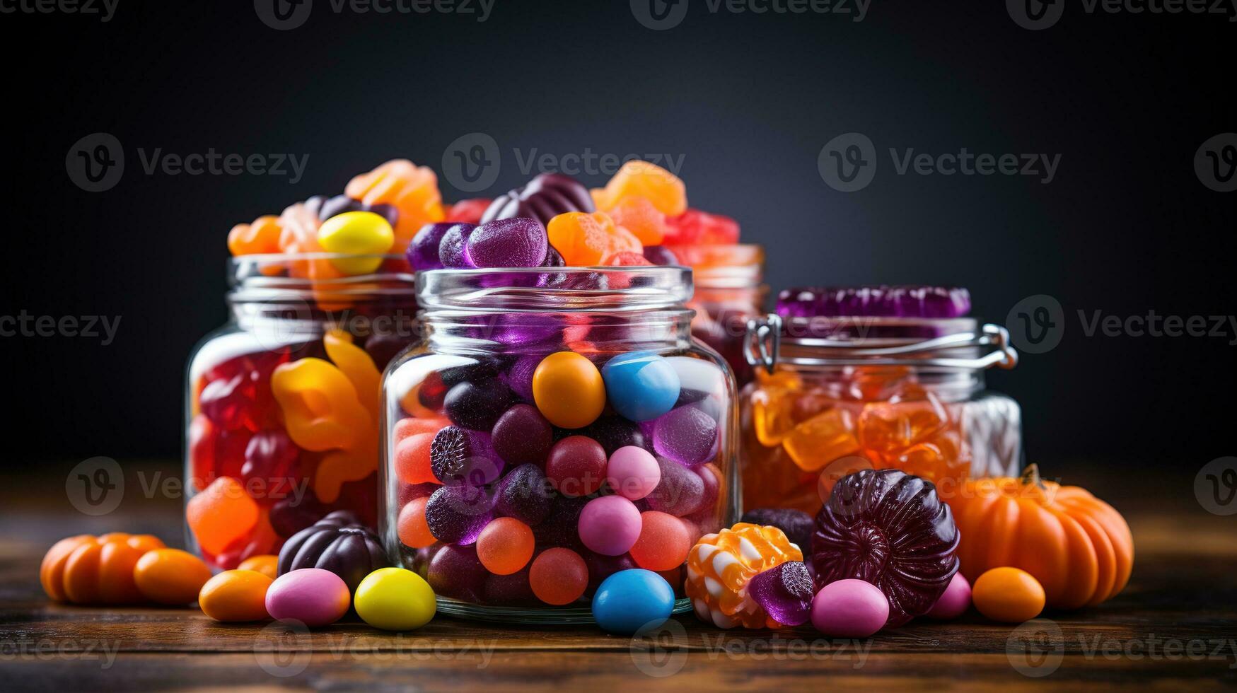 Halloween decorations pumpkin basket with candies on isolated violet background with copyspace. Halloween concept. Generative AI photo