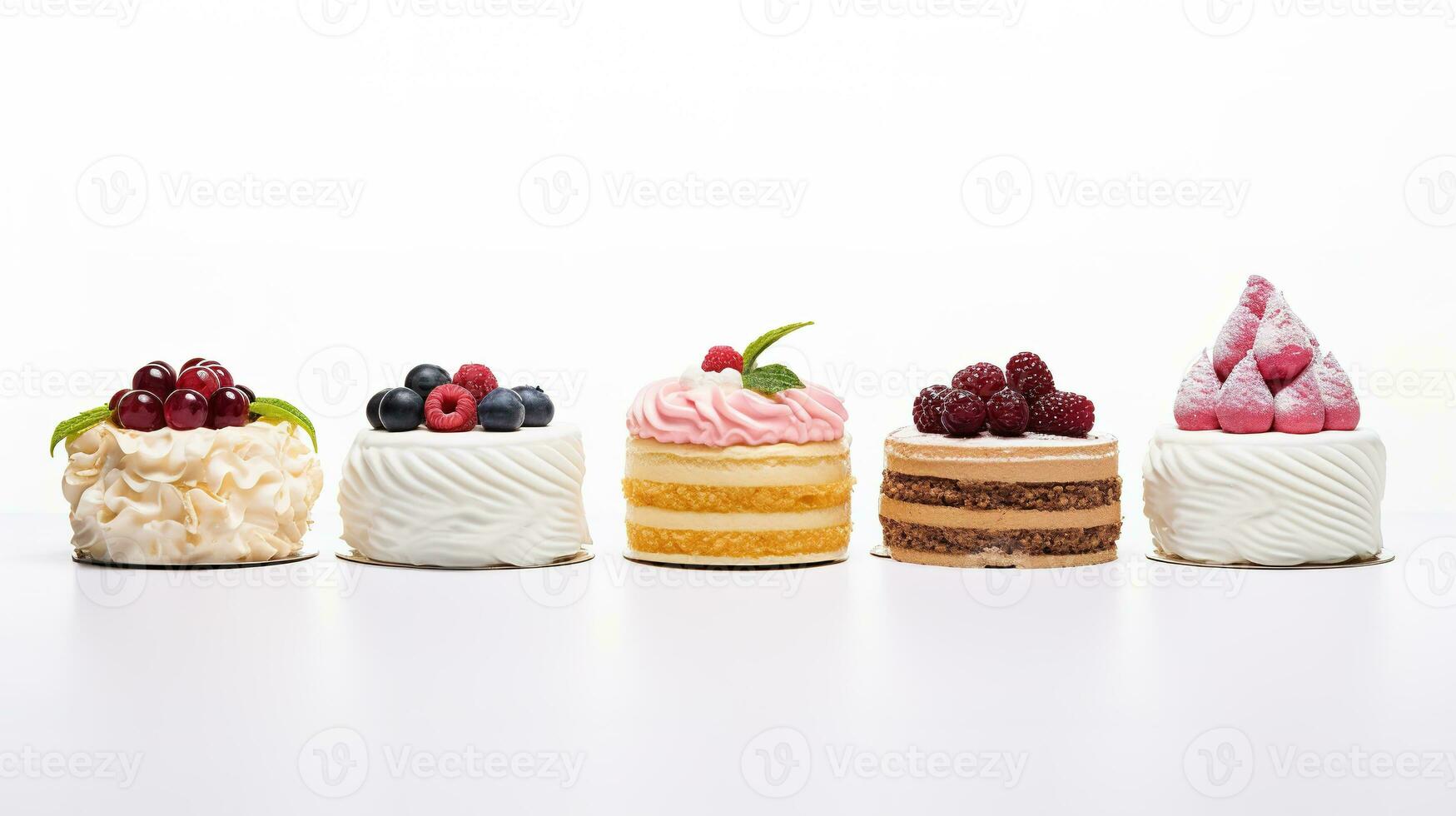 Set of delicious cakes. Small sweet cakes isolated on white background. Bakery products. Banner design. Generative AI photo