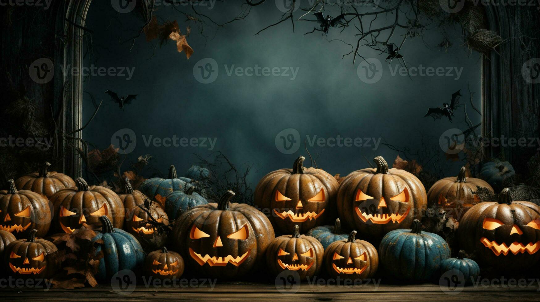 Lovely Halloween Background with Pumpkins, Bats, Spiders and Purple Autumn Leaves and Space for Text. generative AI, photo