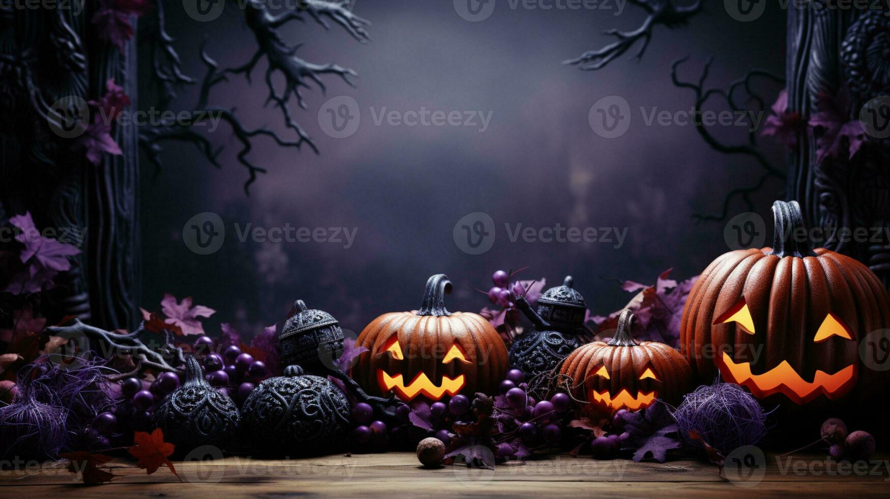 Lovely Halloween Background with Pumpkins, Bats, Spiders and Purple Autumn Leaves and Space for Text. generative AI, photo
