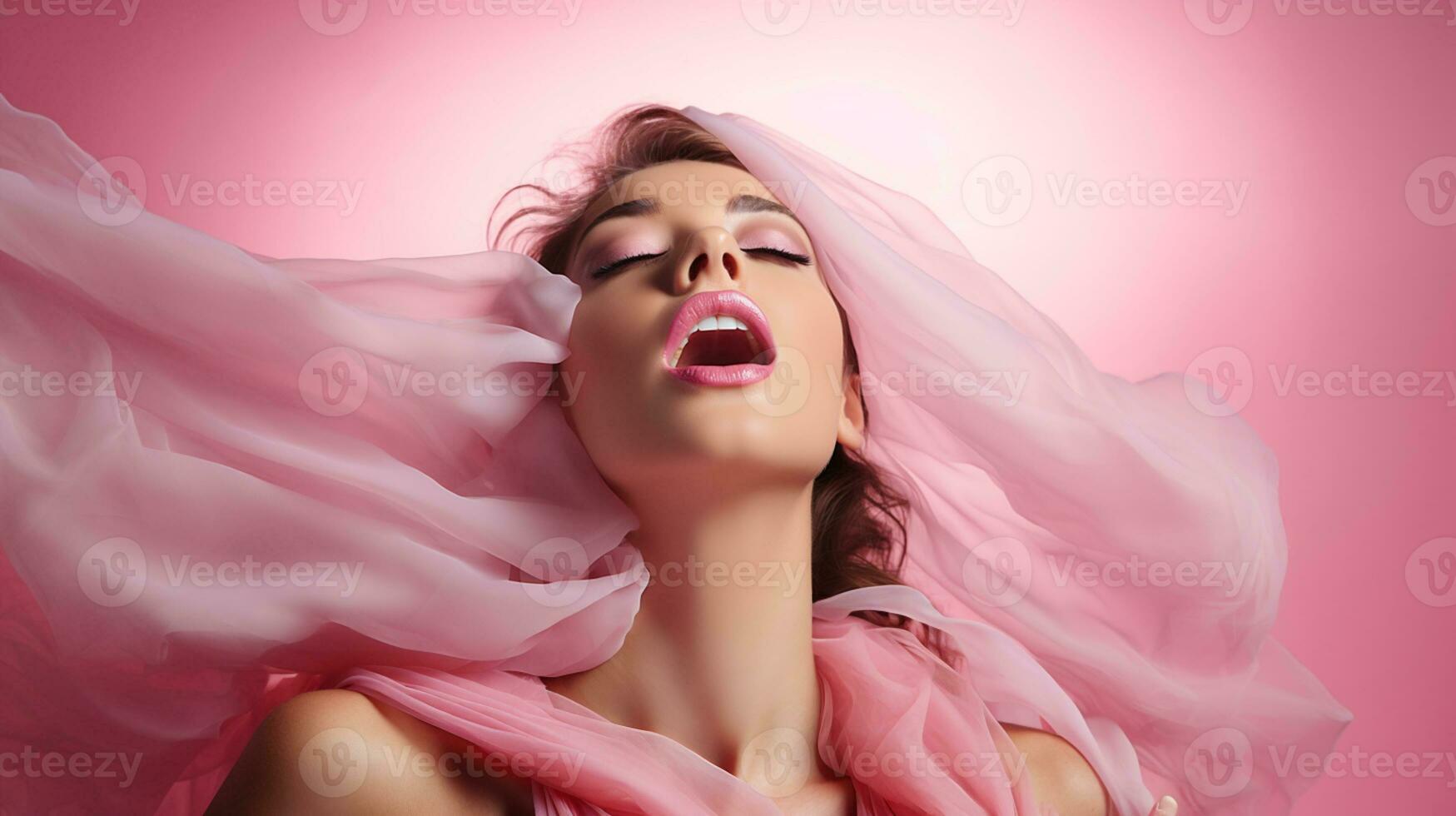 Beautiful Woman with Lovely Face with Pink Makeup and Perfect Lips - Transparent Pink Background - Life Saving Lip Balm against Irritations - Beauty and Cosmetic Care Details. generative AI, photo