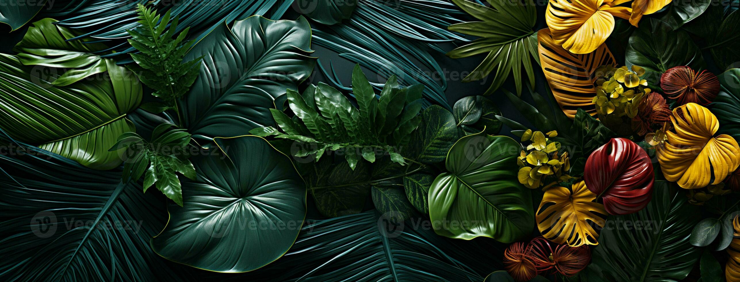 Plants and leaves of the Amazonian vegetation. Vertical garden with tropical green leaf contrast.Tropical Design - Eco and Tropical Leaves in Vibrant Tones. Generative AI, photo