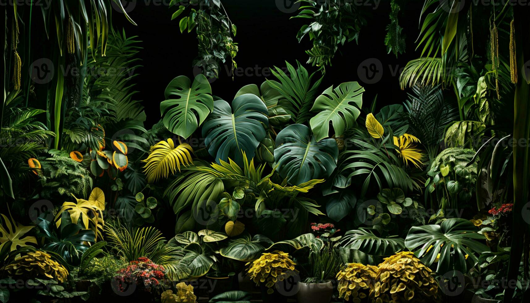Plants and leaves of the Amazonian vegetation. Vertical garden with tropical green leaf contrast. Amazonian Vertical Garden - Contrast of Tropical Plants and Leaves. Generative AI, photo