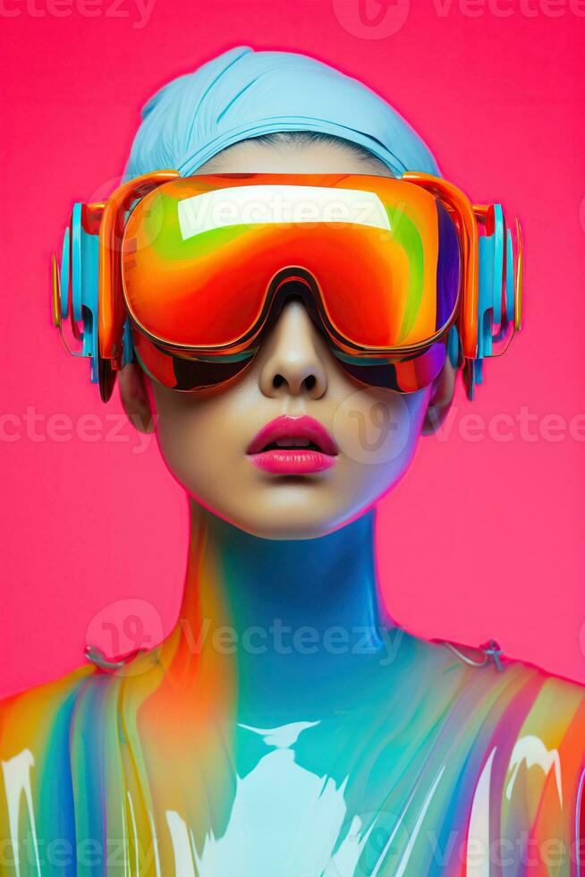 ilustración de un Moda retrato vistiendo un virtual realidad vr auriculares.,, ai generado. foto