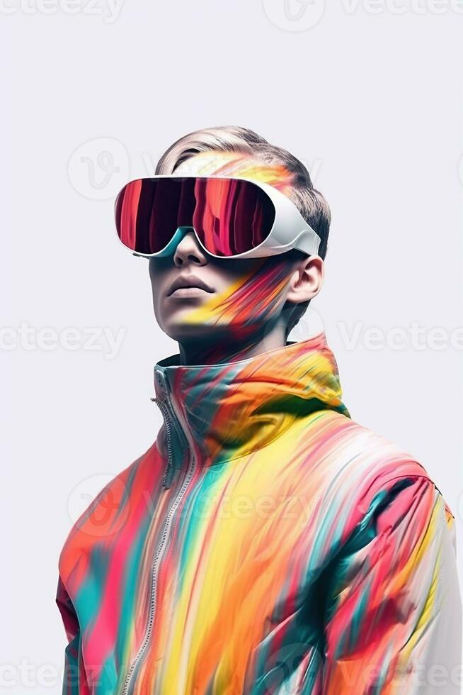 Illustration of a fashion portrait wearing a virtual reality VR headset. AI Generated. photo