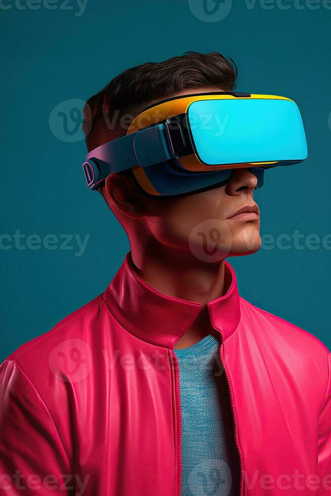 Illustration of a fashion portrait wearing a virtual reality VR headset. AI Generated. photo