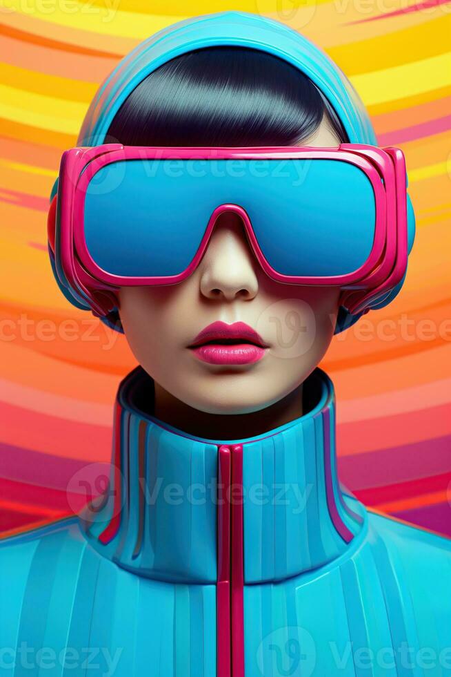 Illustration of a fashion portrait wearing a virtual reality VR headset. AI Generated. photo