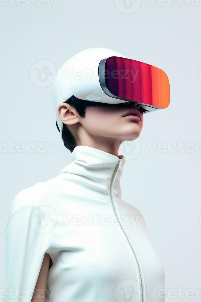 Illustration of a fashion portrait wearing a virtual reality VR headset.,, AI Generated. photo