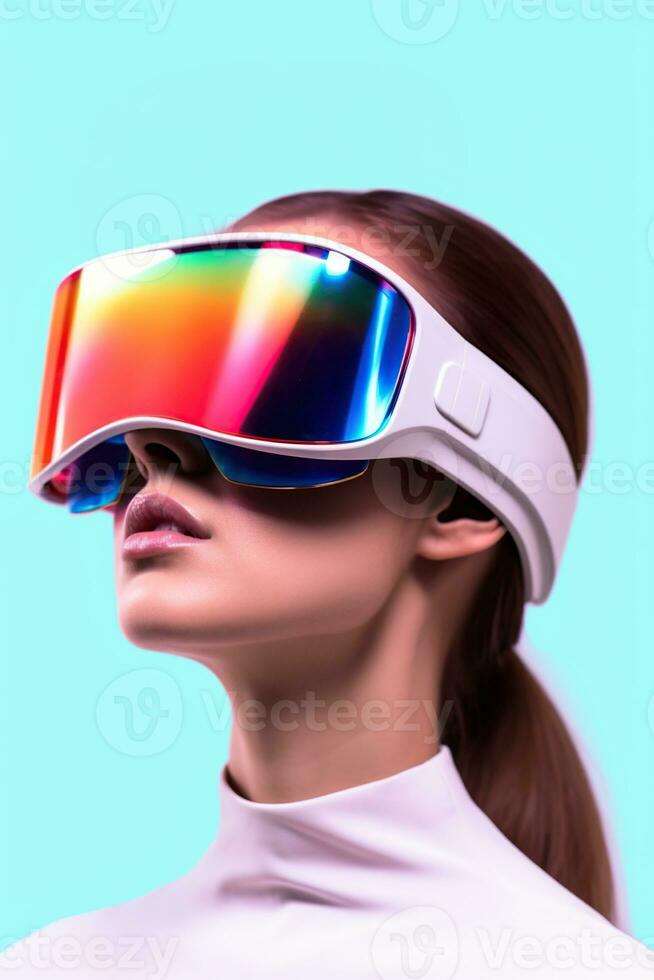 Illustration of a fashion portrait wearing a virtual reality VR headset.,, AI Generated. photo