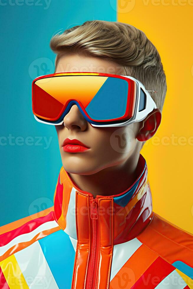 Illustration of a fashion portrait wearing a virtual reality VR headset. AI Generated. photo