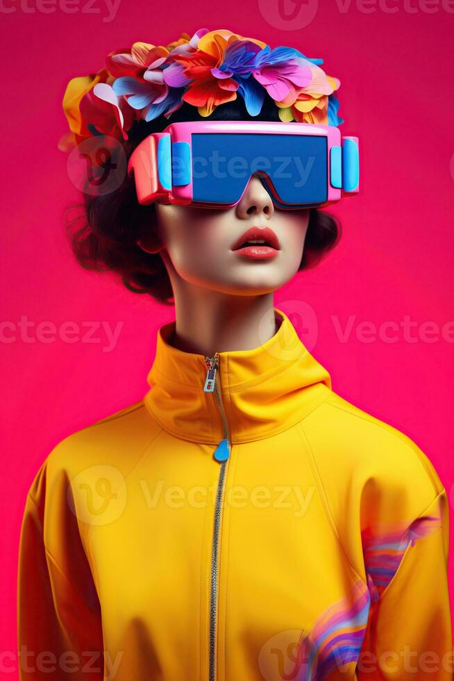 Illustration of a fashion portrait wearing a virtual reality VR headset. AI Generated. photo