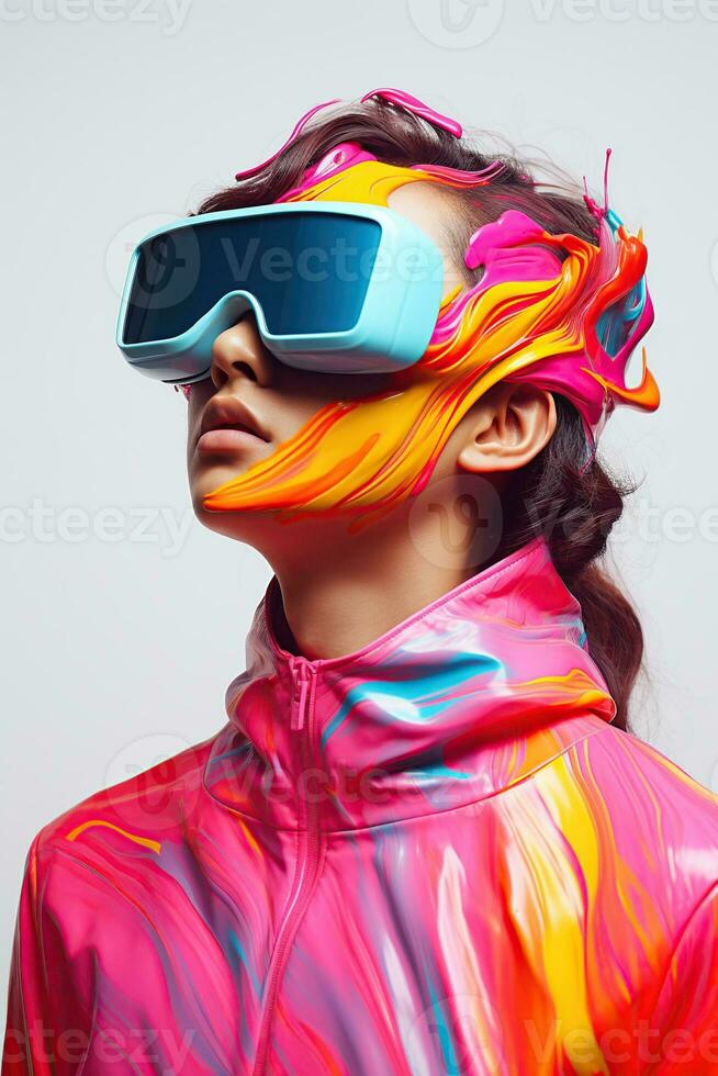 Illustration of a fashion portrait wearing a virtual reality VR headset. AI Generated. photo