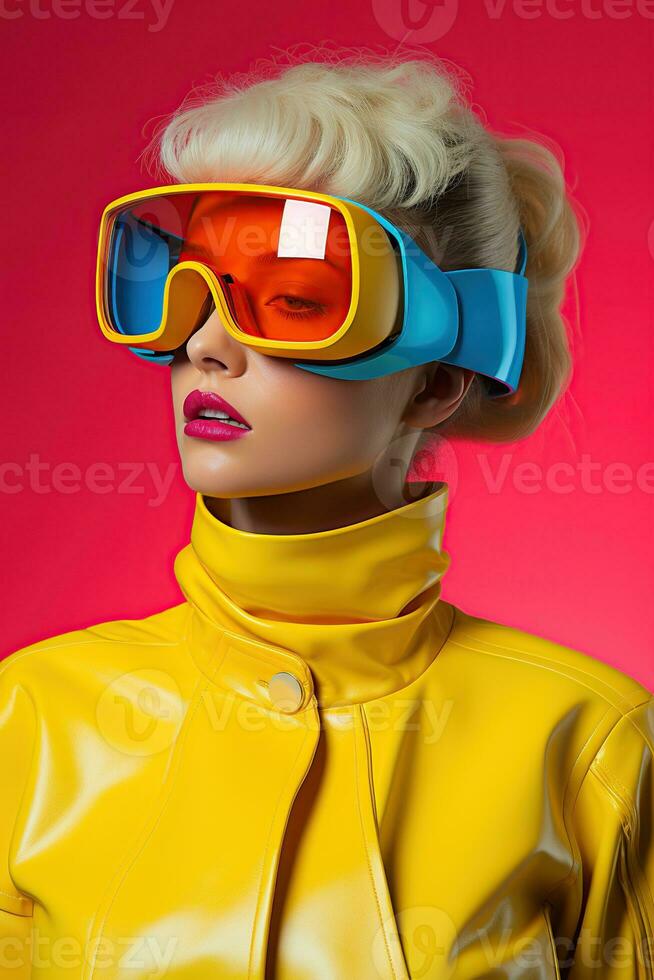 Illustration of a fashion portrait wearing a virtual reality VR headset.,, AI Generated. photo