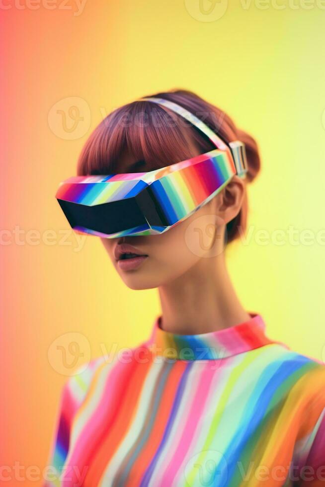 Illustration of a fashion portrait wearing a virtual reality VR headset.,, AI Generated. photo
