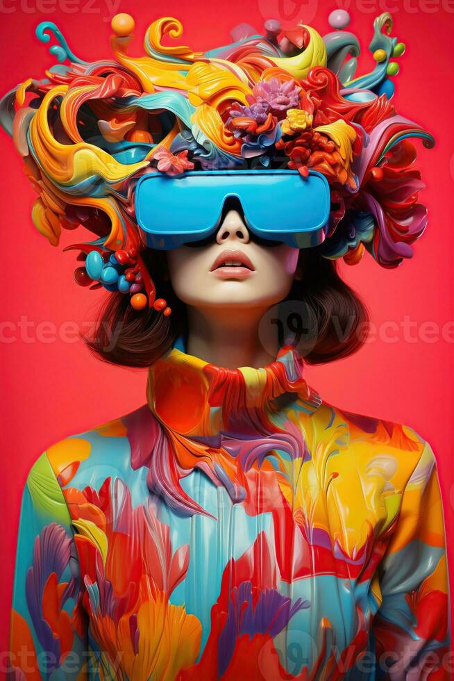 Illustration of a fashion portrait wearing a virtual reality VR headset. AI Generated. photo