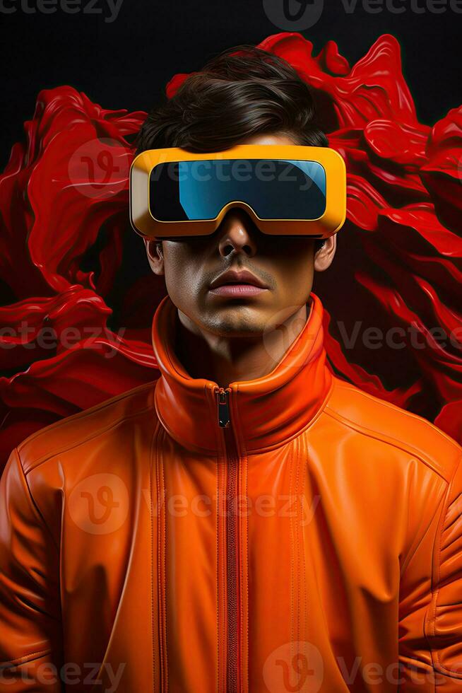 Illustration of a fashion portrait wearing a virtual reality VR headset. AI Generated. photo
