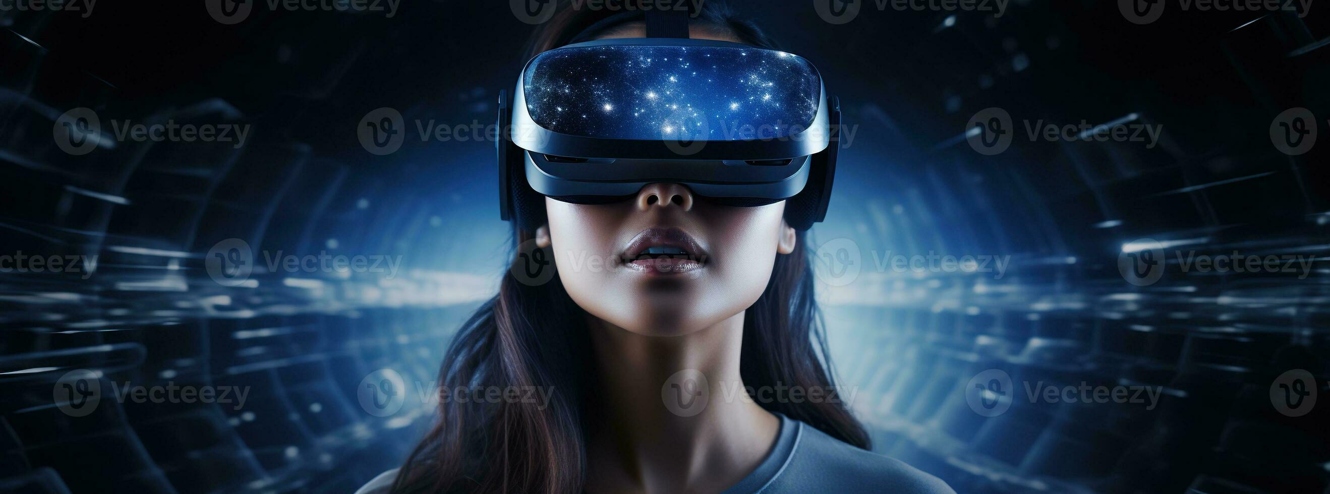 Illustration of a person wearing a virtual reality VR headset, AI Generated. photo