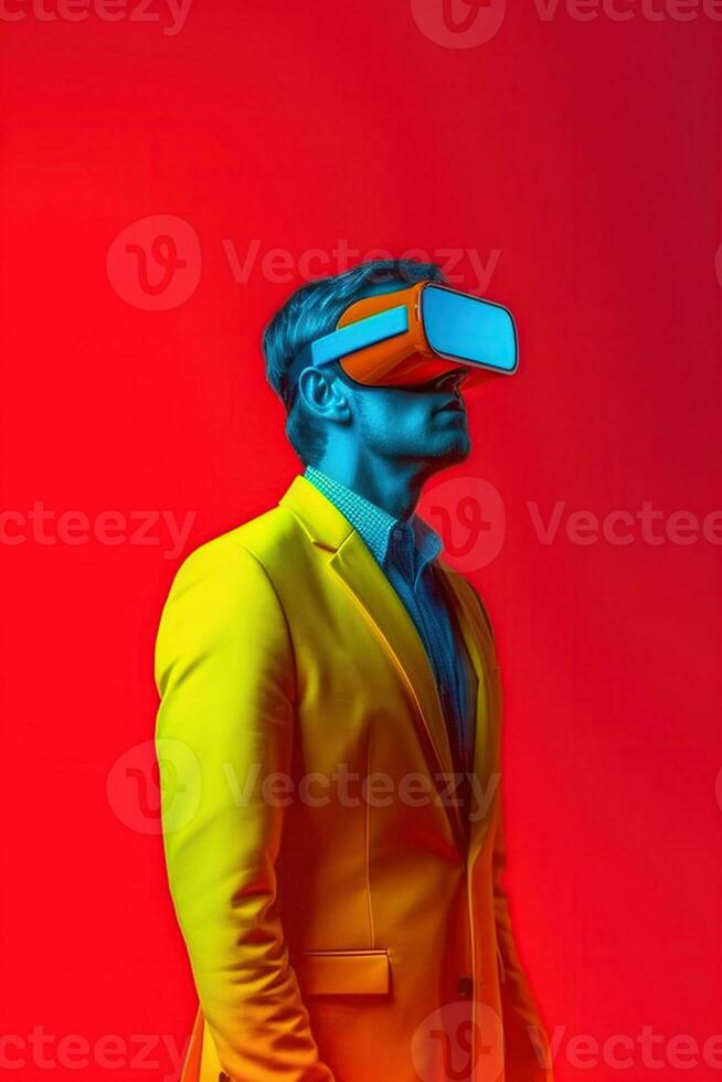 Illustration of a fashion portrait wearing a virtual reality VR headset. AI Generated. photo