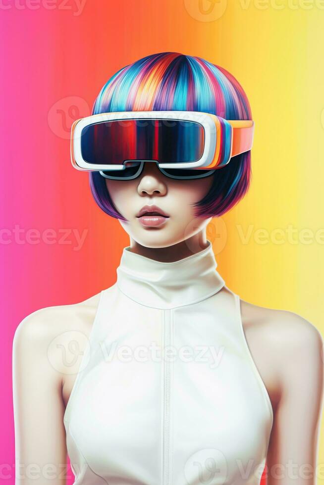 Illustration of a fashion portrait wearing a virtual reality VR headset.,, AI Generated. photo