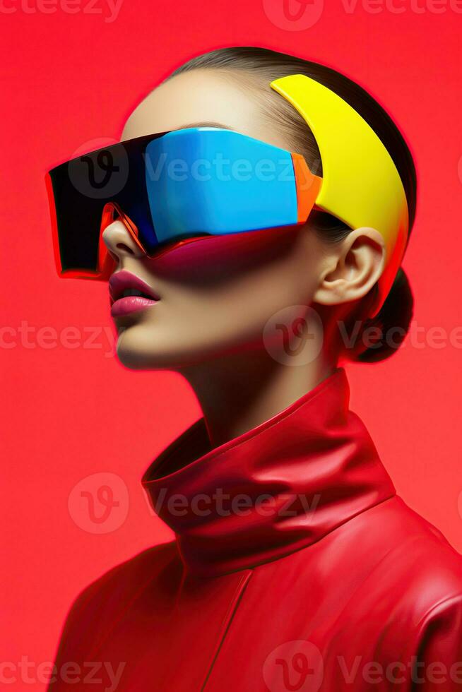 Illustration of a fashion portrait wearing a virtual reality VR headset.,, AI Generated. photo