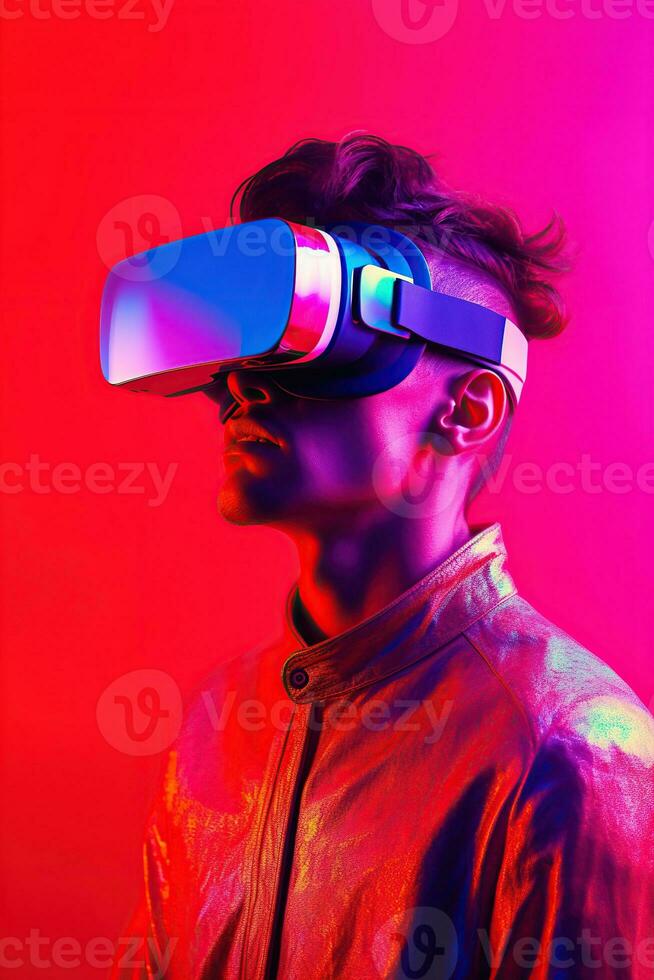 Illustration of a fashion portrait wearing a virtual reality VR headset. AI Generated. photo
