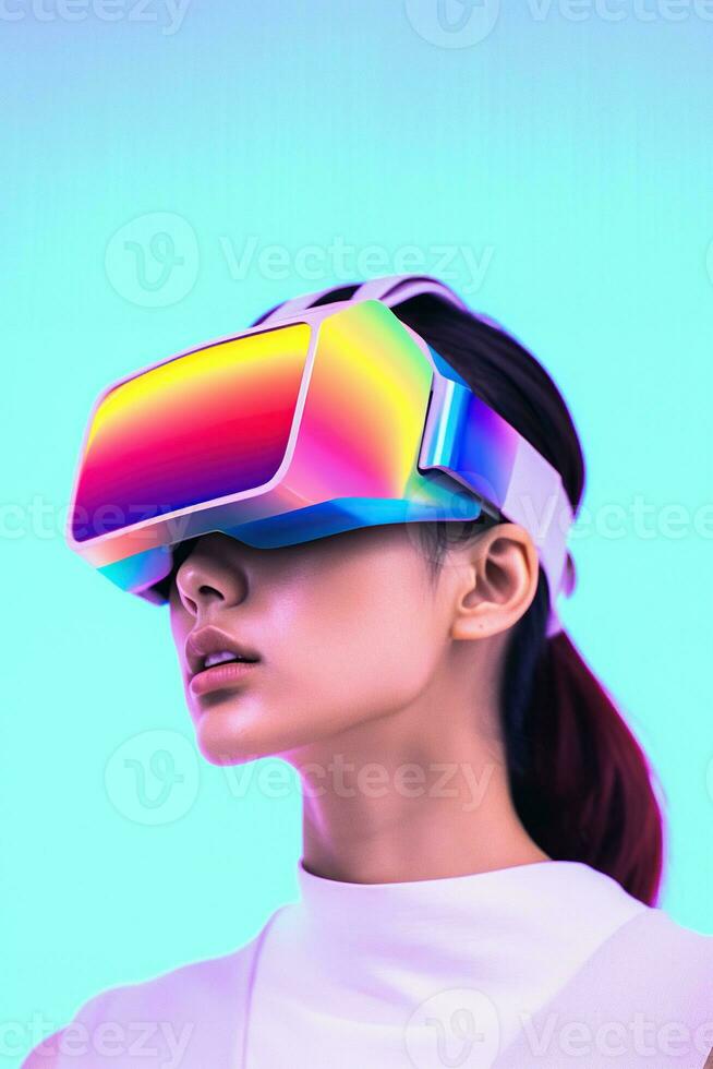 Illustration of a fashion portrait wearing a virtual reality VR headset.,, AI Generated. photo